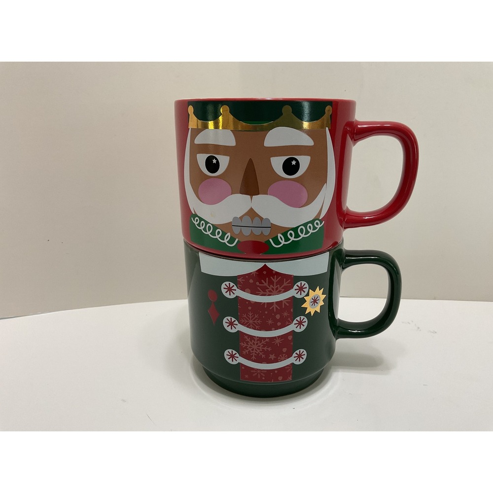 Peppermint & Pine Nutcracker Stacking Mug‎ Set Red Green Christmas Ceramic 2pc